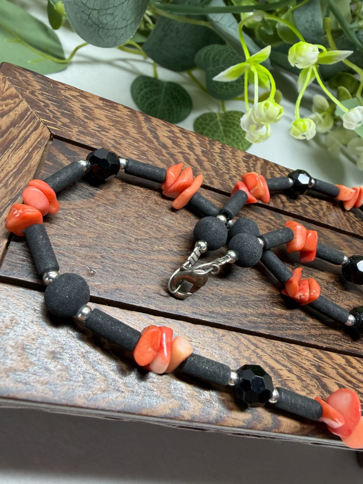 Vintage Coral, Lava Rock & Glass Beaded 18″ Necklace 16g Boho Retro Quirky