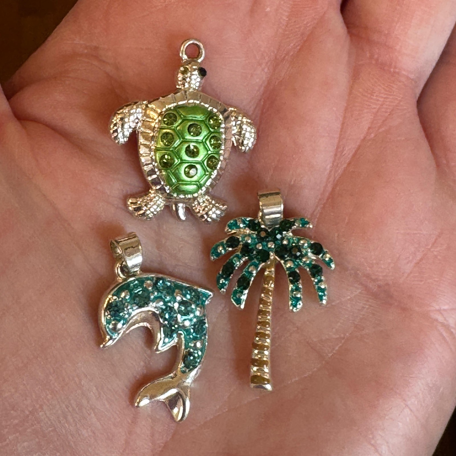 3 Beach Charms Pendants Silver Tone Rhinestone Sea Turtle Dolphin Palm Tree