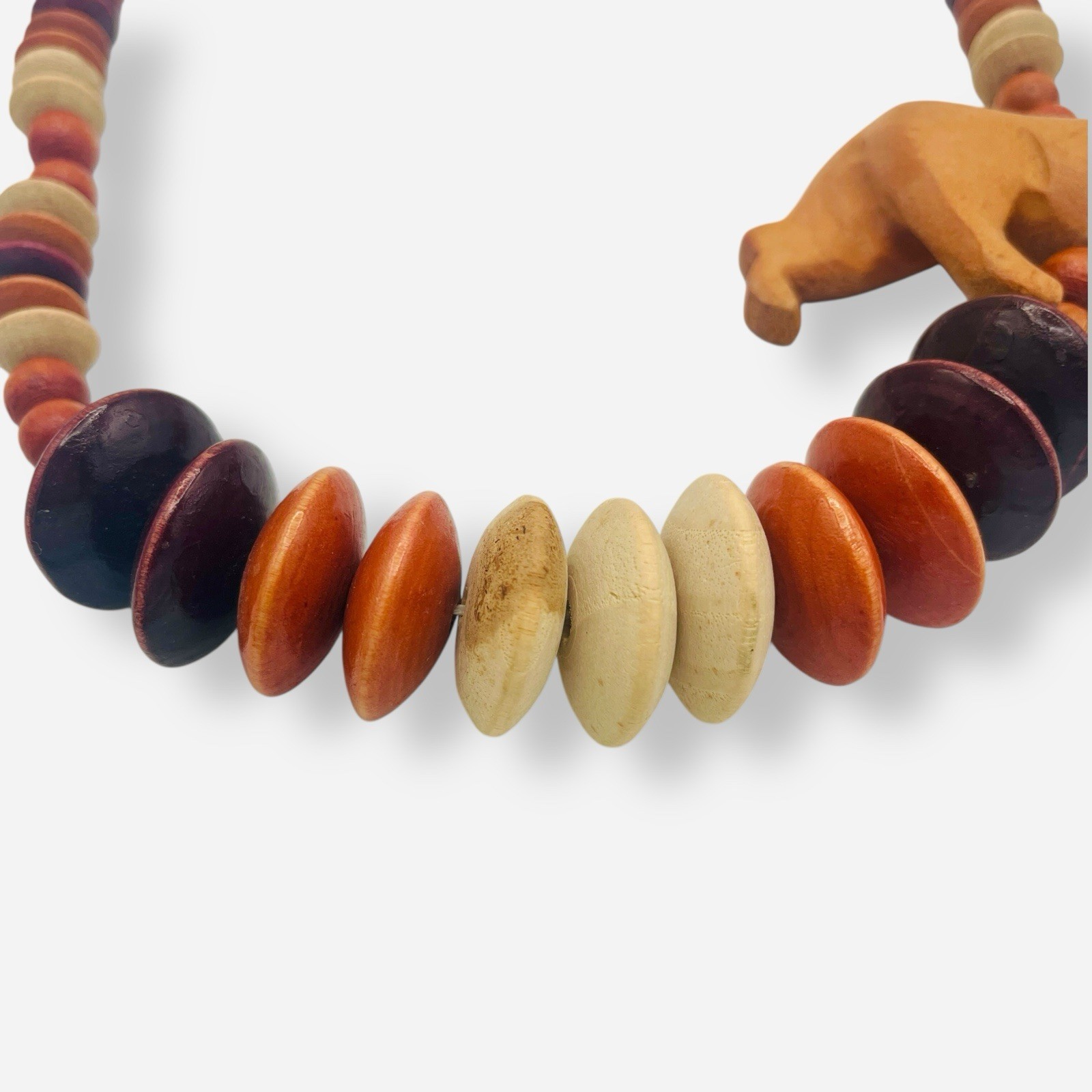 Large Wood Safari Statement Necklace Lion Carved 27” Beaded Graduated
