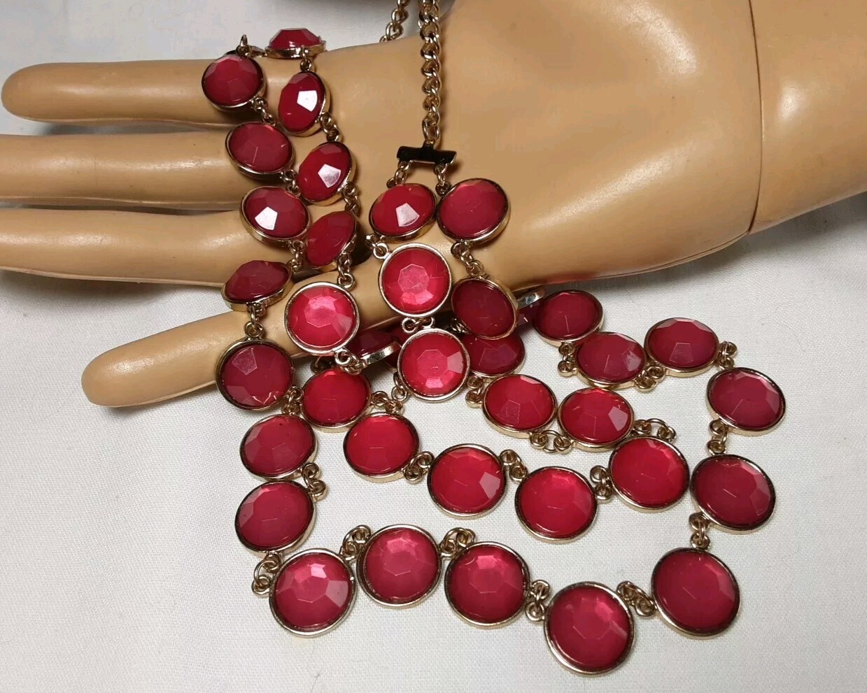 Necklace Gold Tone Red Double ( 2) Gradual Strands Faceted Disks Adj