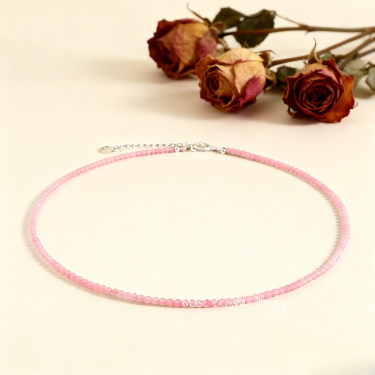 Minimalist Rose Quartz 2mm Beaded Choker Delicate Healing Dainty Necklace Gift