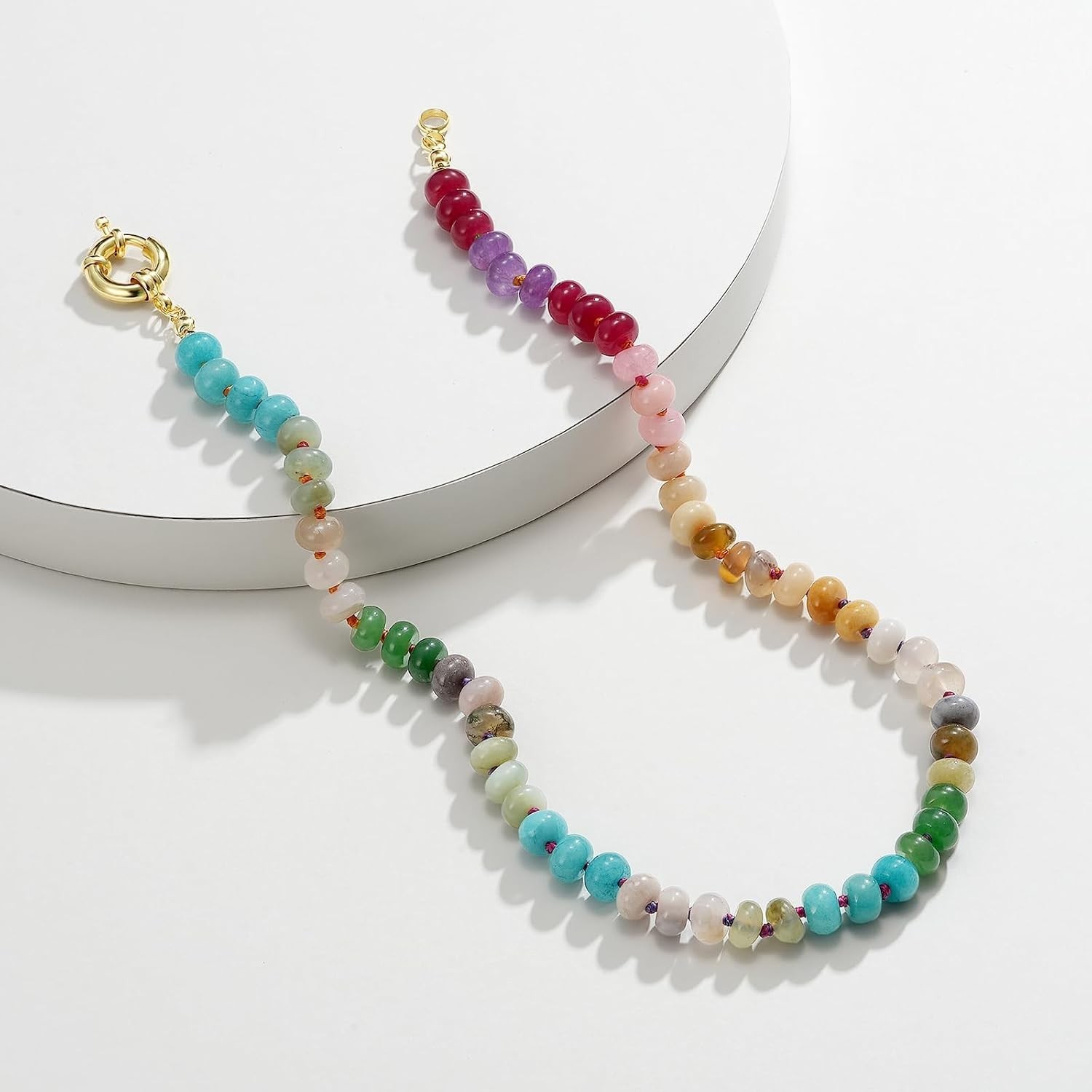 Unique Rainbow Beaded Necklace 17” – Handmade Natural Stone Choker for Summer