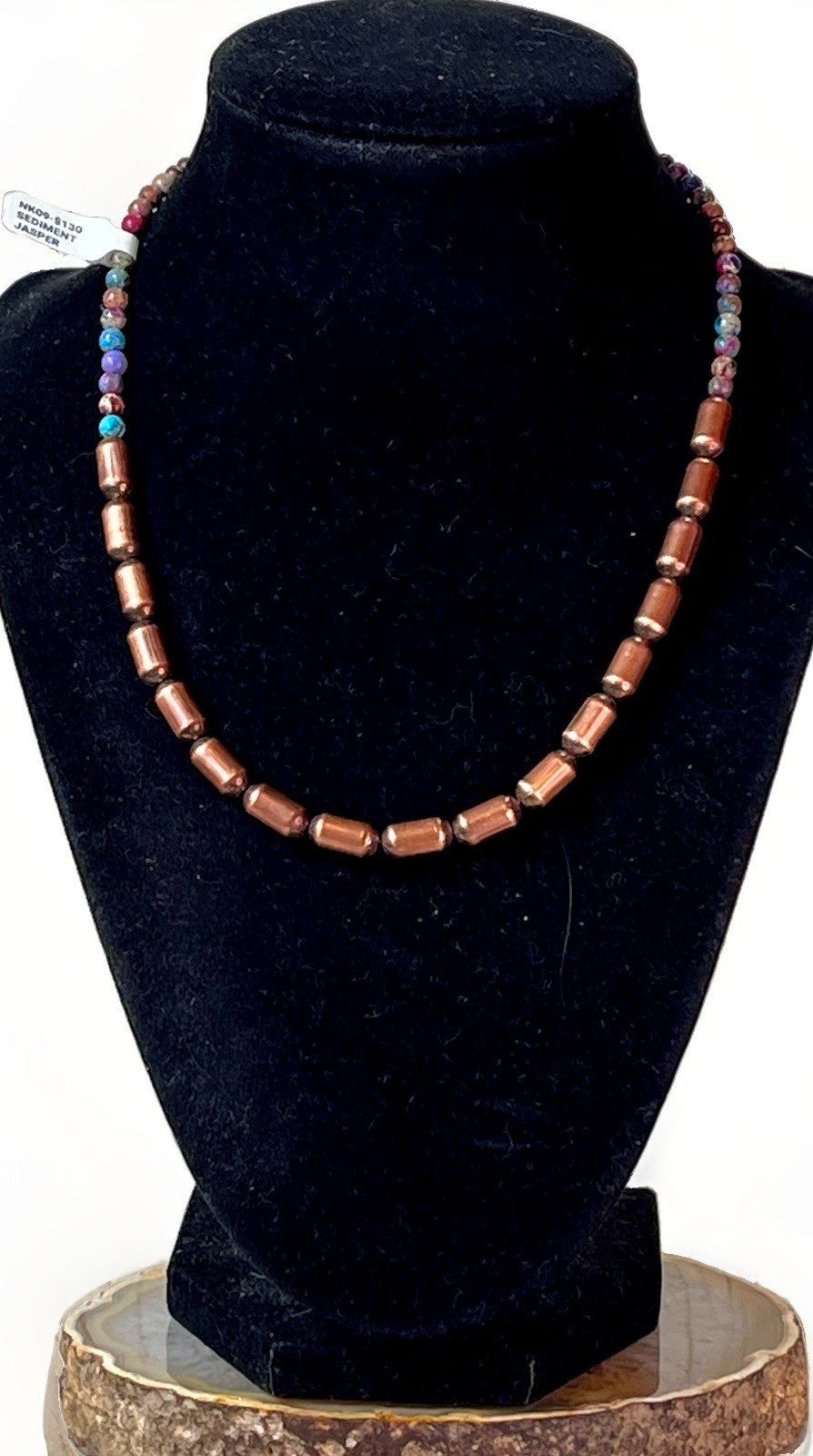 Sea Sediment Jasper Beaded Copper Barrel Bead Necklace Round Multicolor- 15 in