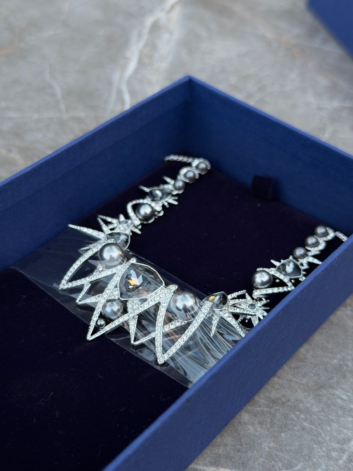 Authentic Swarovski 5216630 Crystal Statement Necklace Gray Pearl NWT