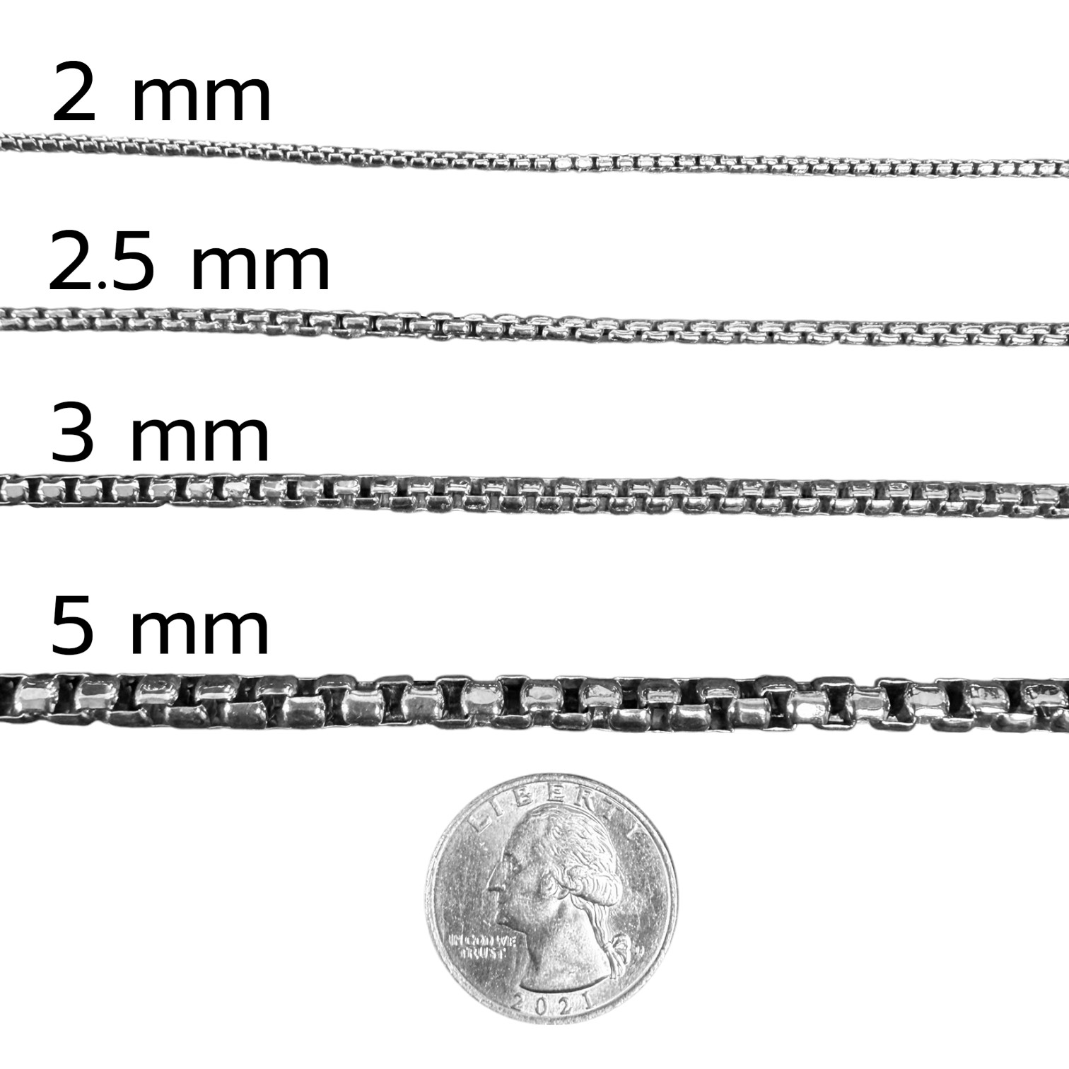 .925 Sterling Silver, 2.5mm Round Box Chains. Wholesale: 16″,18″,20″,22″,24″,30″