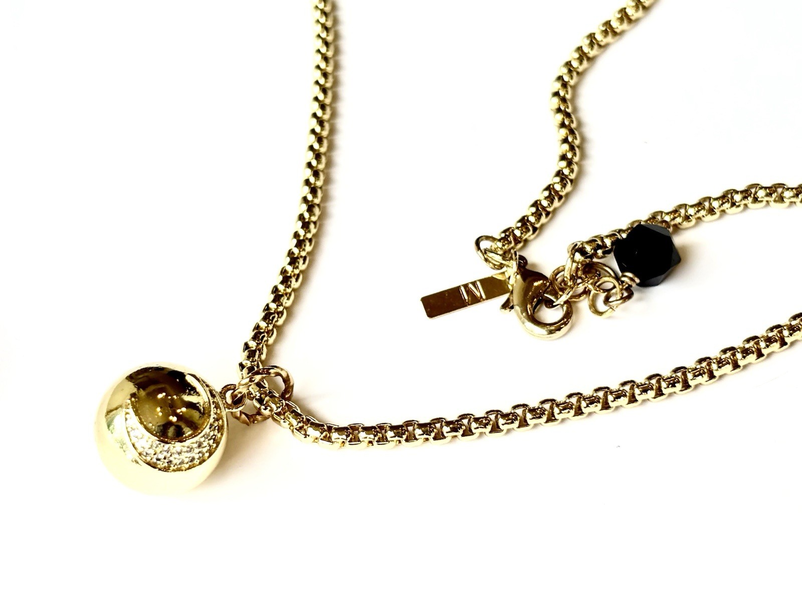 Pave Moon Ball Gold Tone Pendant with Stars Rounded Box Chain Necklace 16″ – 18″