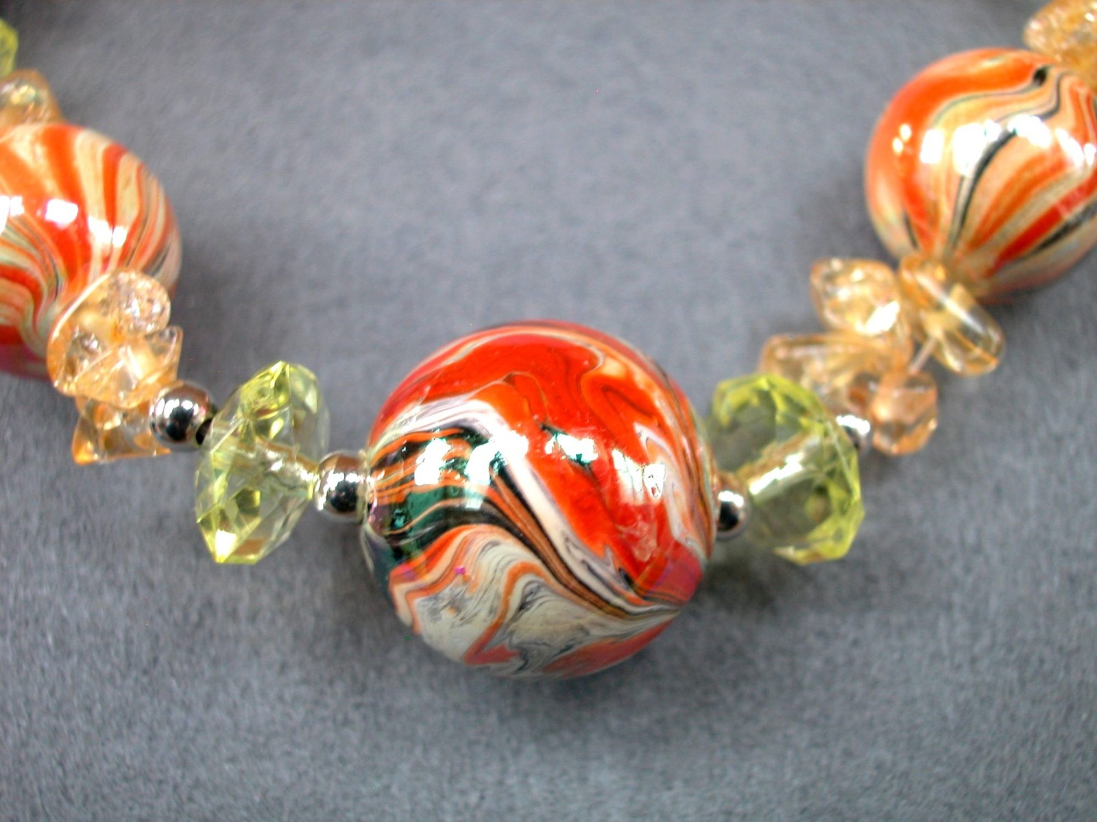 Beaded Necklace 18″ W/ 4″ Ext. Multicolor Swirl Beads & Yellow Crystal Accents
