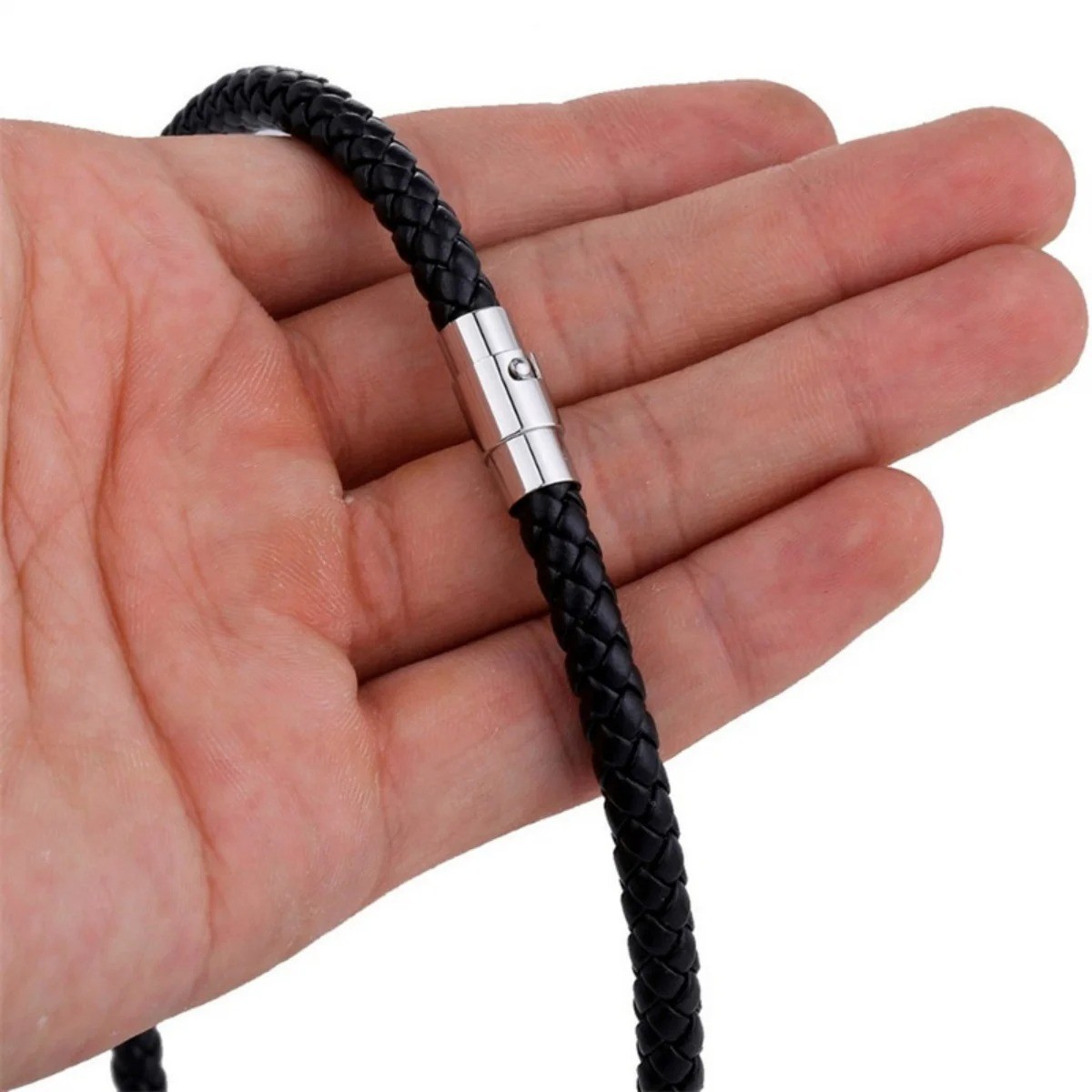 4/6/8MM Mens Black Braided Cord Rope Leather Necklace Choker w/ Magnetic Clasp