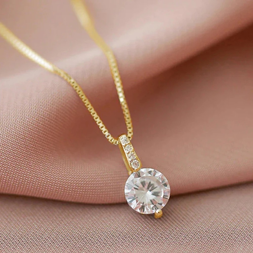 Luxury Gold Tone Sparkling Round CZ Solitaire Crystal Pendant Box Chain Necklace