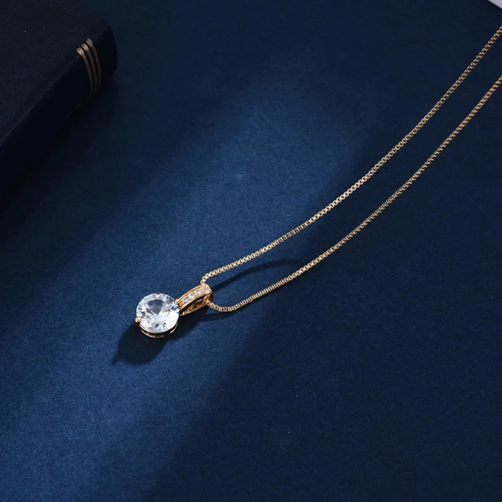 Luxury Gold Tone Sparkling Round CZ Solitaire Crystal Pendant Box Chain Necklace