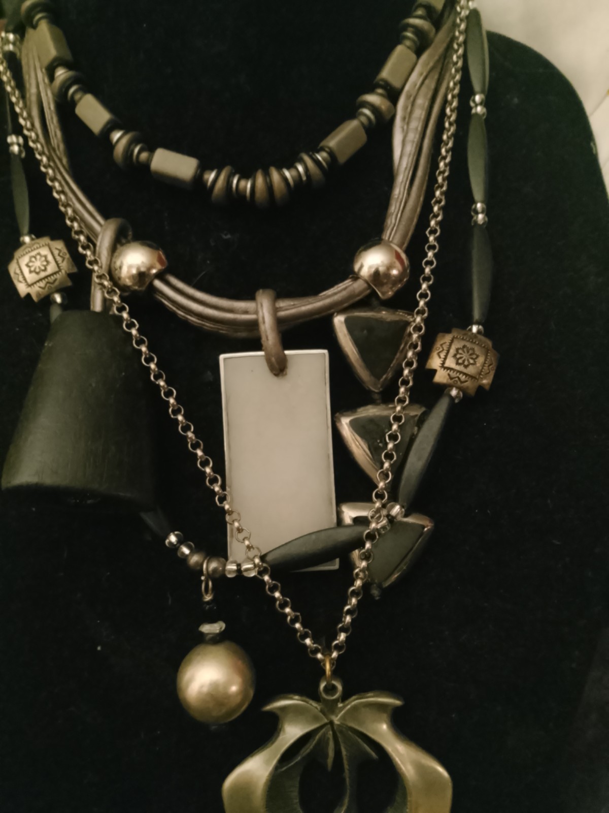 Silver Black Metal Beaded Multi-Strand Layered Statement Charm Necklace
