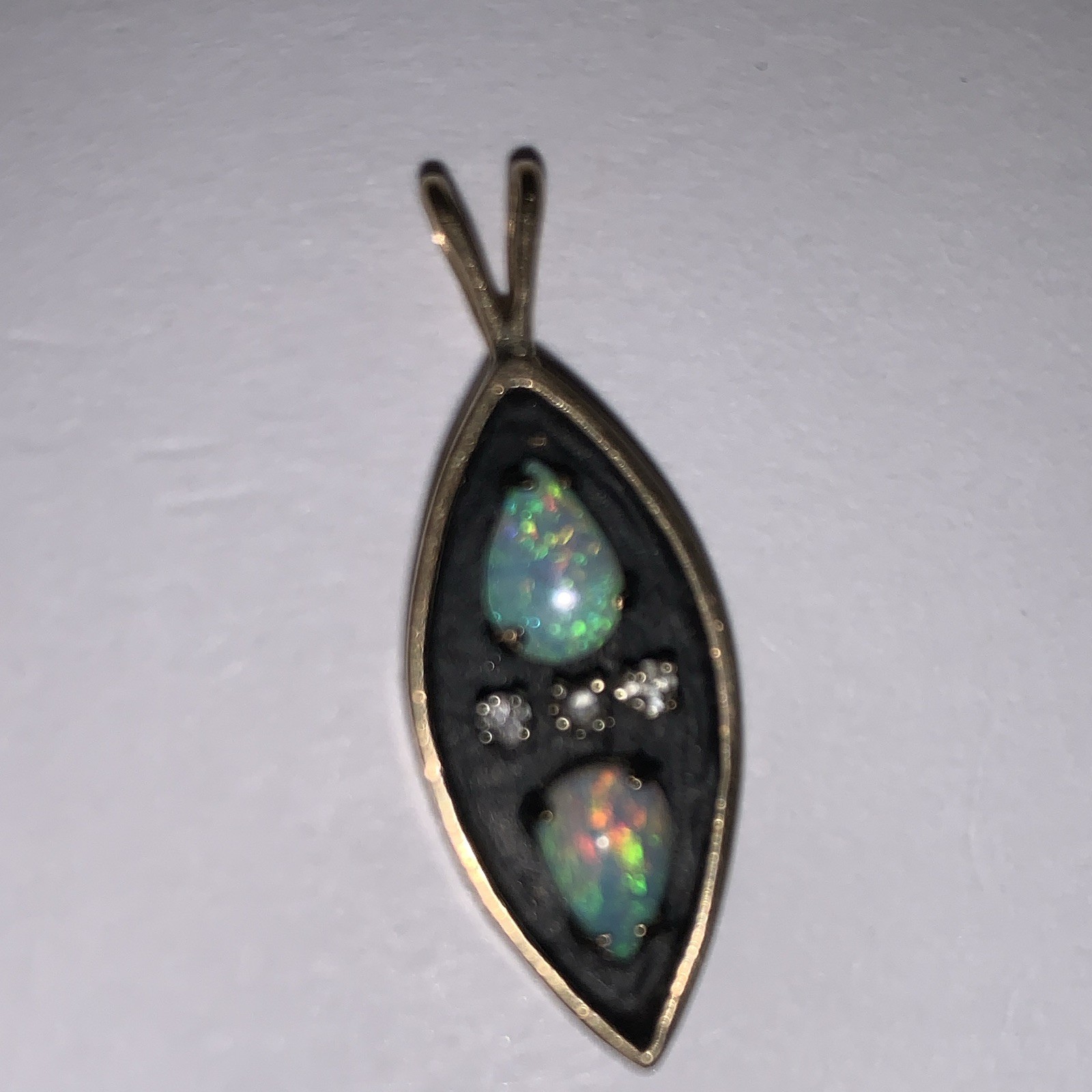 14 K Gold Marquise Pendant w/ Multicolor Opal & 3 Diamond’s Prong Set