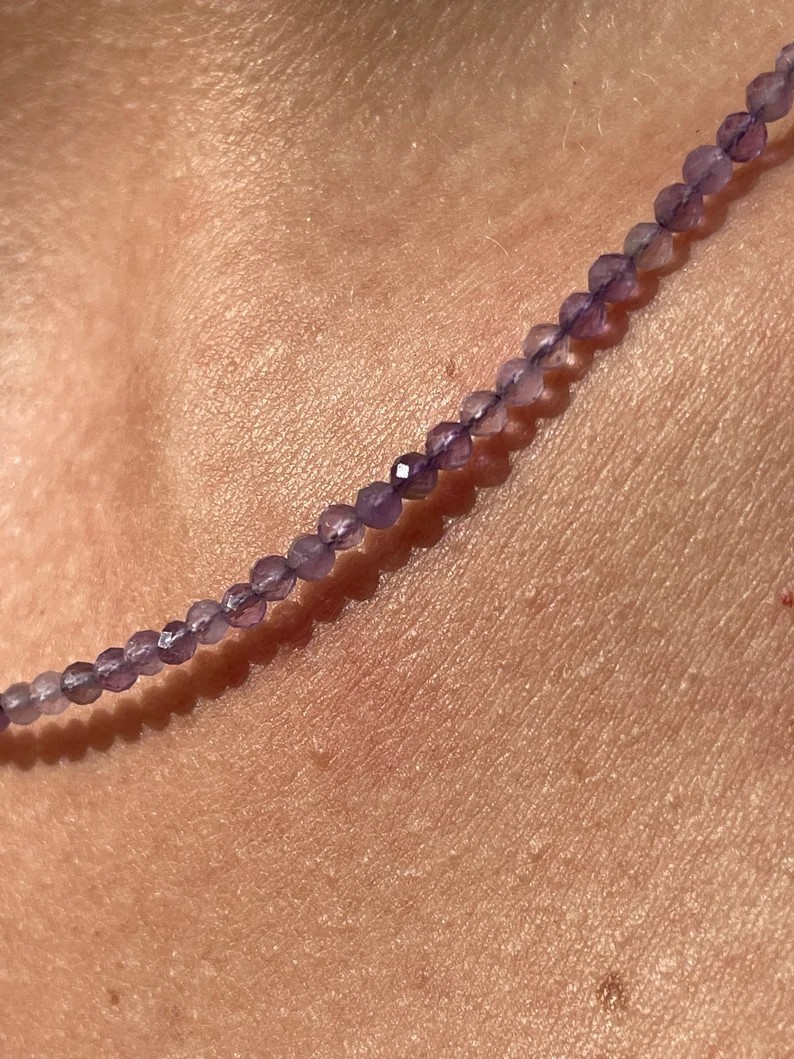 Amethyst 2mm Crystal Gemstone Faceted Beads Minimalist Dainty Choker Necklace