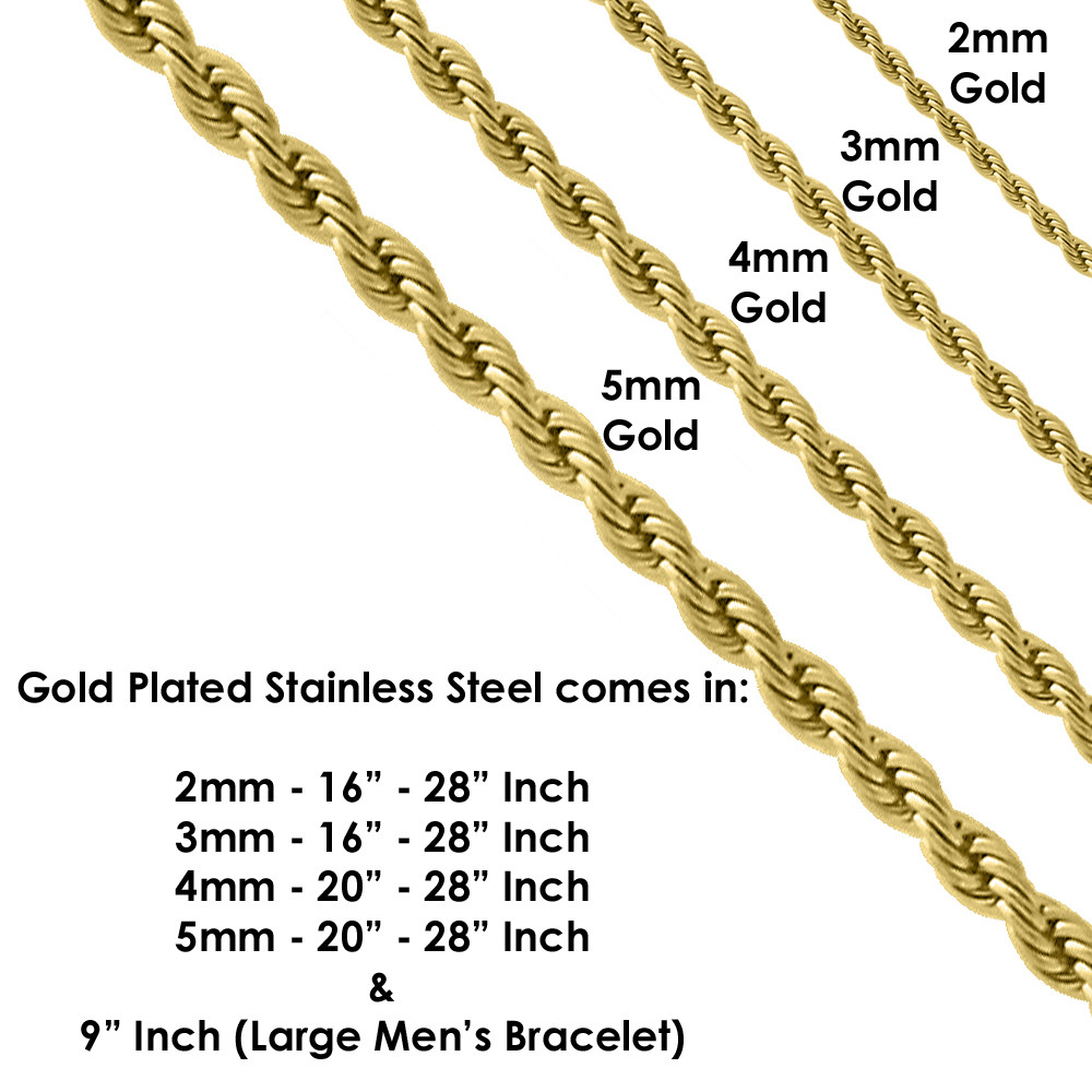 Stainless Steel or Gold Plated Rope Chain Necklace Boys and Mens Lengths