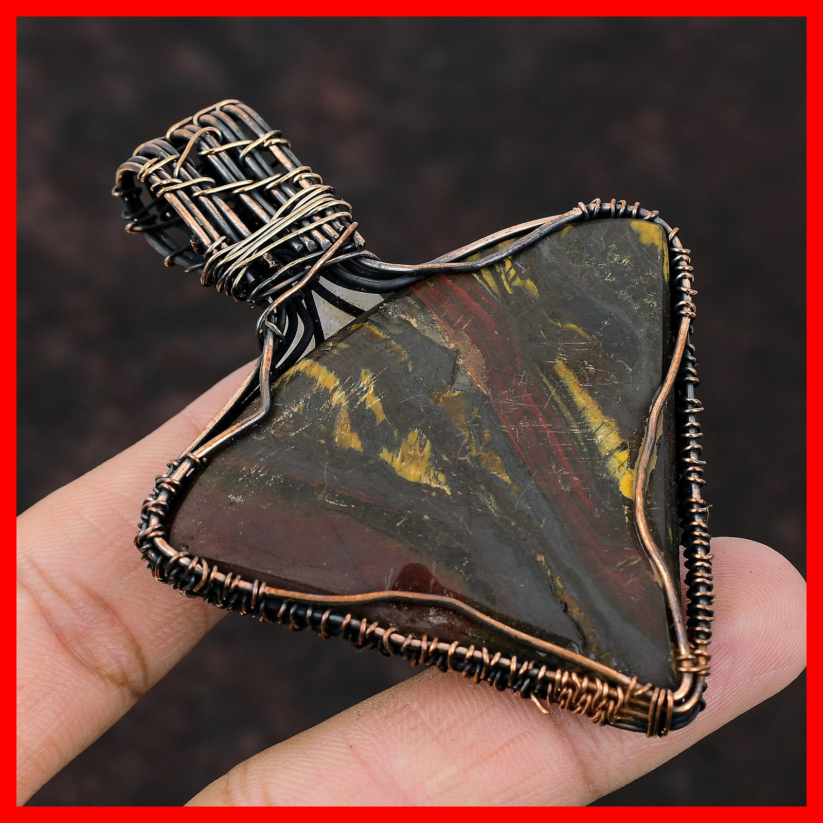Trillion Natural Iron Tiger Eye Copper Unique Boho Wire Wrapped Daughter Pendant
