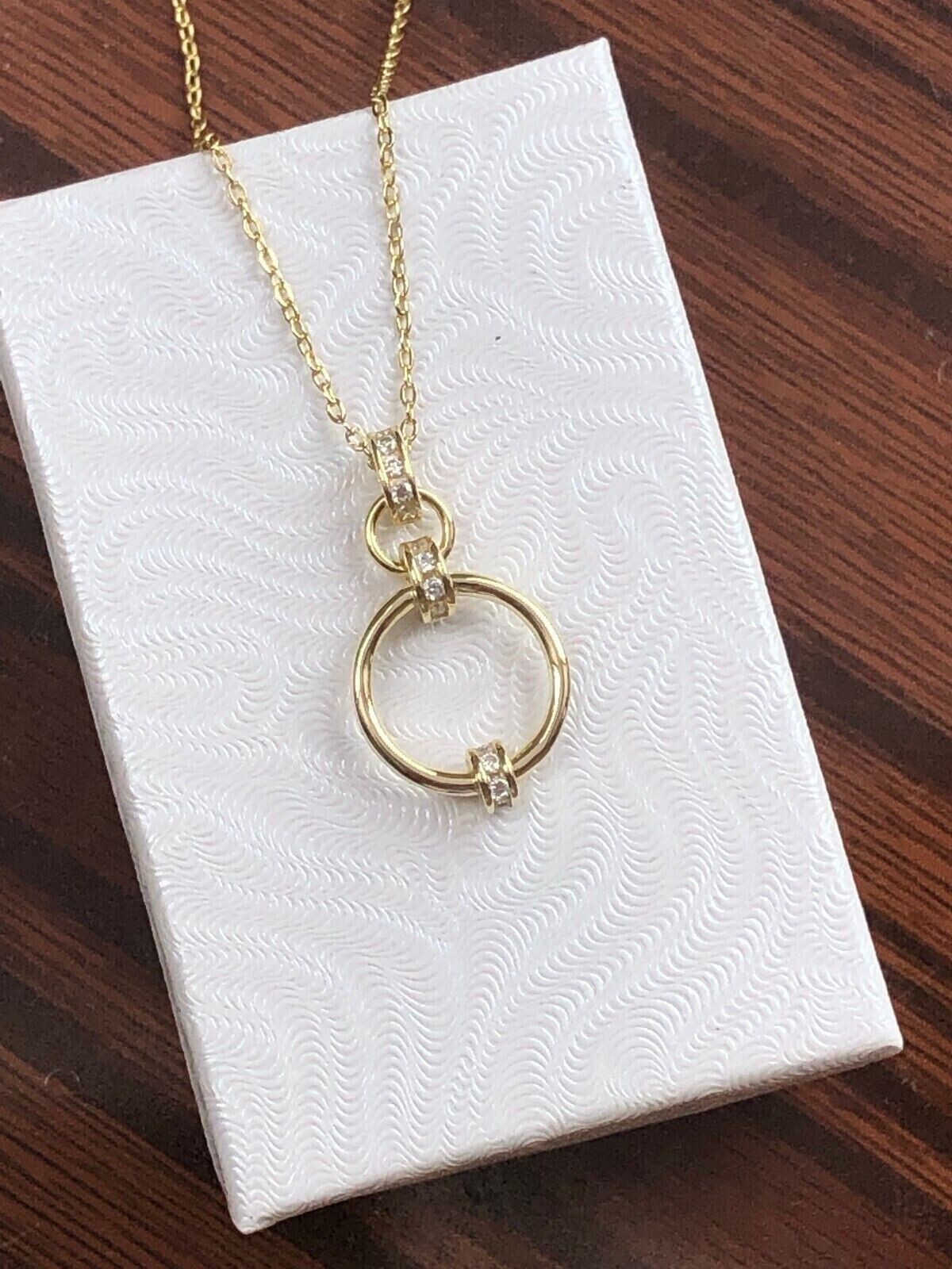925 Sterling Silver CZ Two Circle Pendant Necklace Linked Gold 25mm 16-18″ Women