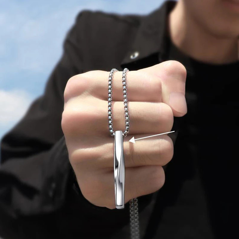 Men’s Fashion Jewelry Minimalist Twisted Silver Bar Pendant Necklace 351