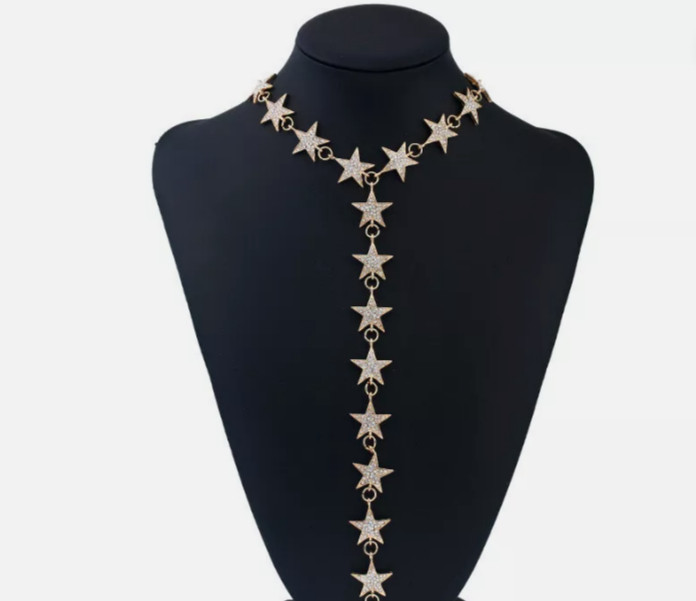 Rhinestone Crystal Star Necklace Lariat Choker Long Twinkle Charms Sparkle Drops