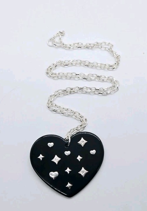 HEART Pendant Necklace Black & Silver tone Crystal Accent Modern 30 in