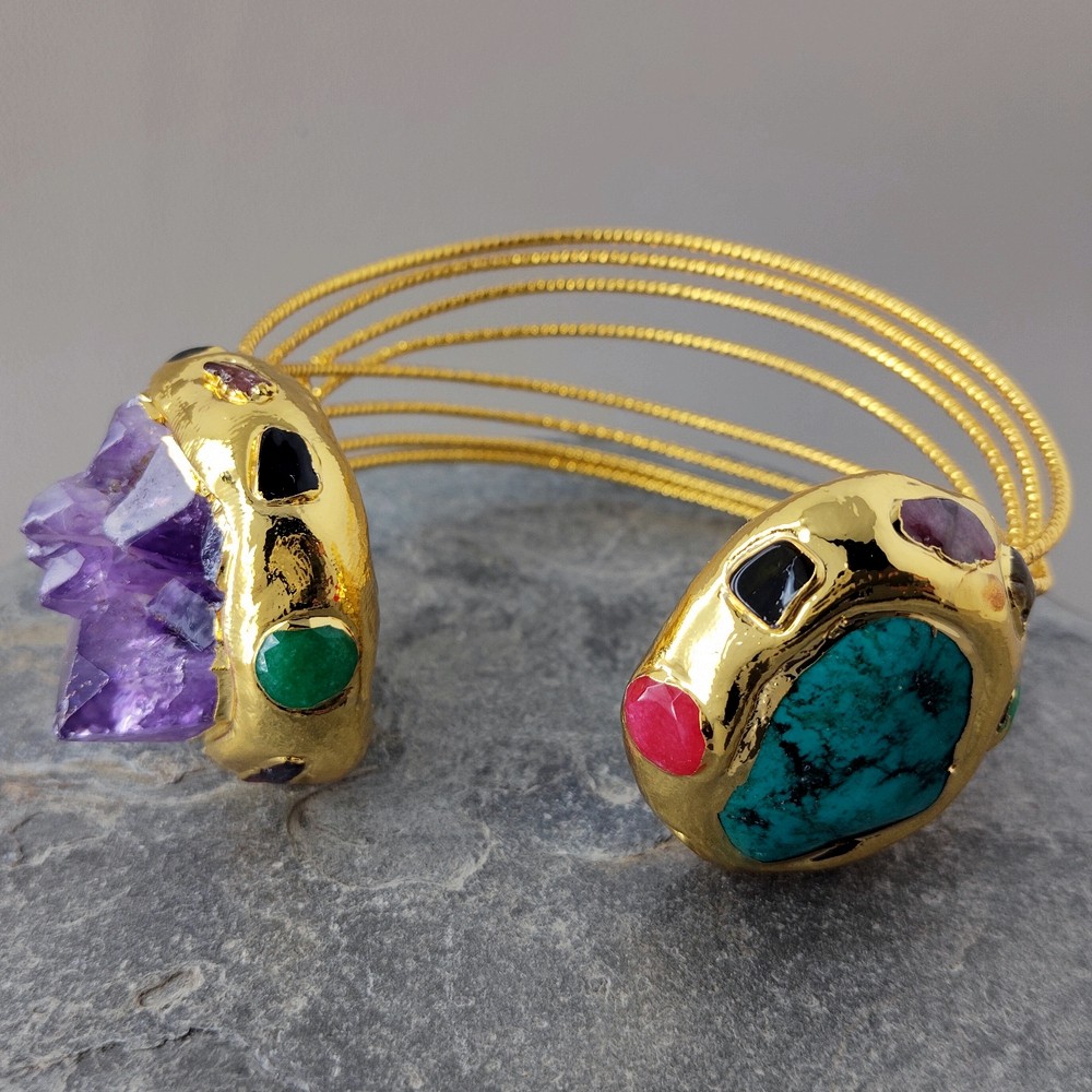 Natural Bohemia Purple Amethyst Raw Druzy Green Turquoise Bangle Cuff Bracelet