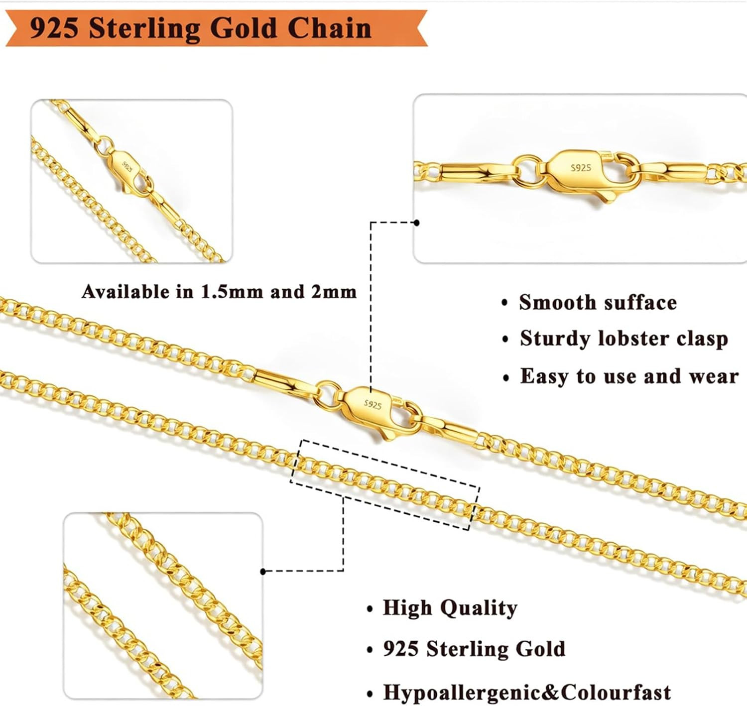 925 Sterling Silver Cuban Chain Necklace for Women, 1.5Mm/2Mm Curb Thin Chains J