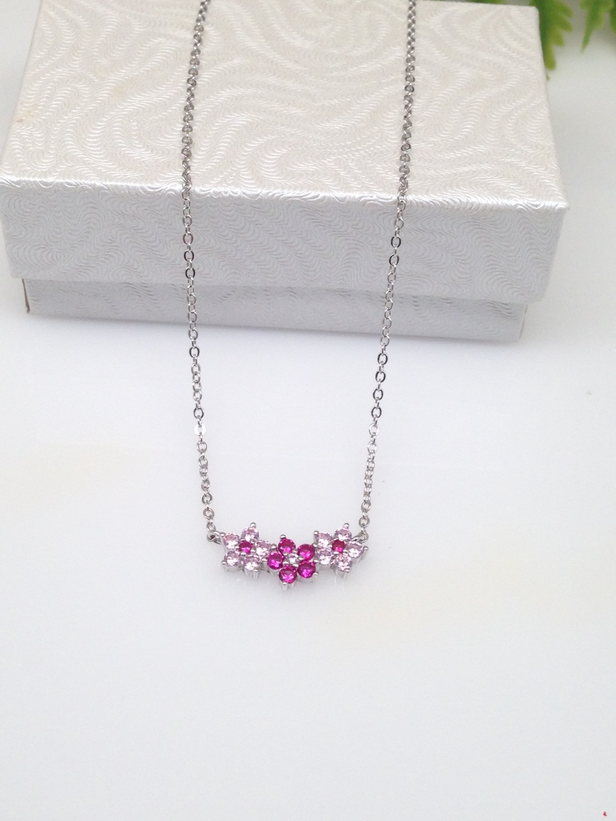 925 Sterling Silver CZ Triple Pink Flower Pendant Necklace Women Girl 16mm 17.5″