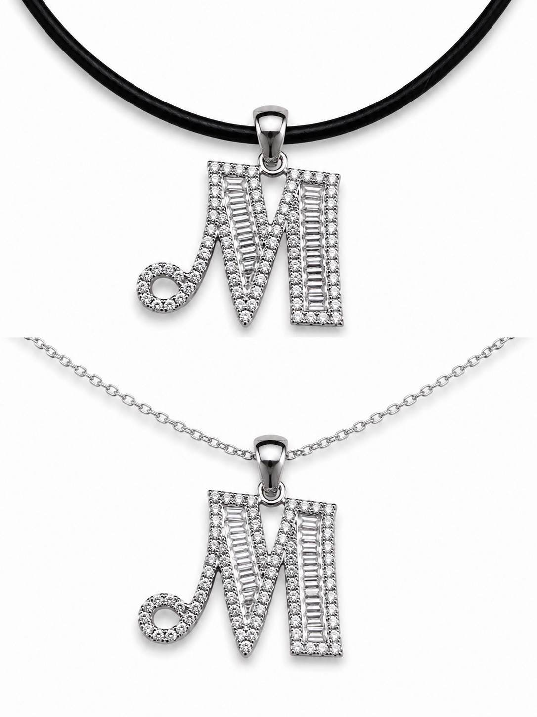 925 Sterling Silver Rhodium-Plated Initial “M” Pendant – AAA CZ diamonds
