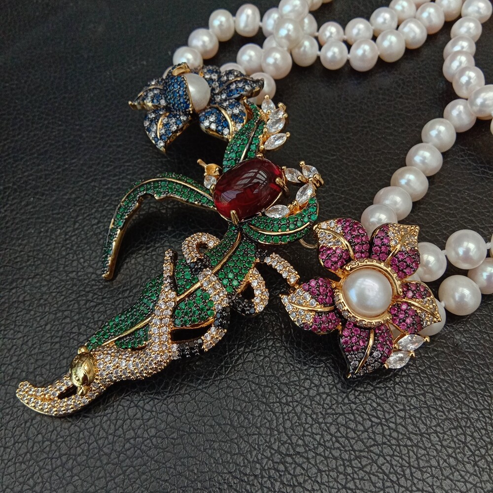 3 Strands Cultured White Pearl Cubic Zirconia Pave Pendant Statement Necklace