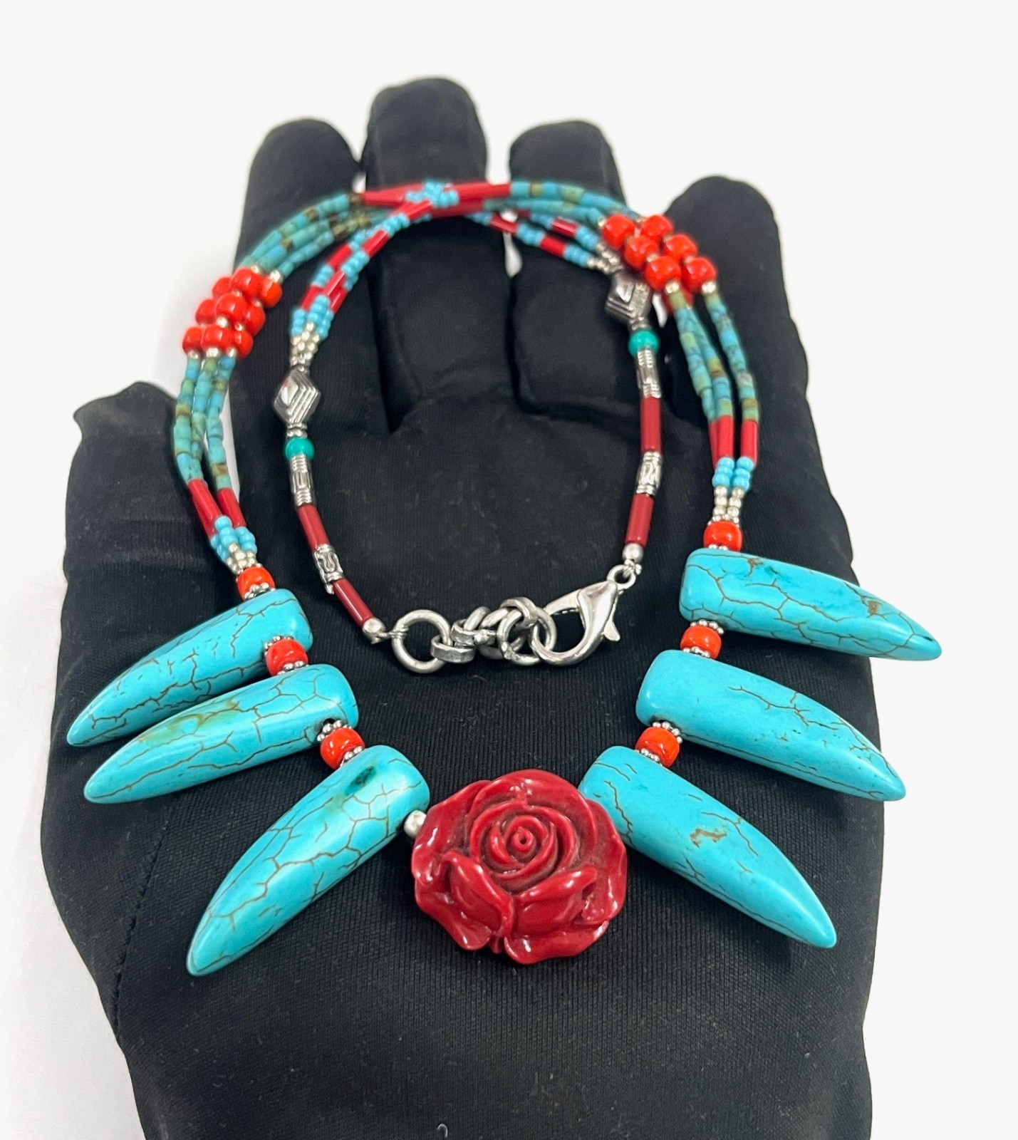Coral Turquoise Gemstone Tibetan Tradional Necklace Jewelry, 18 inch Adju
