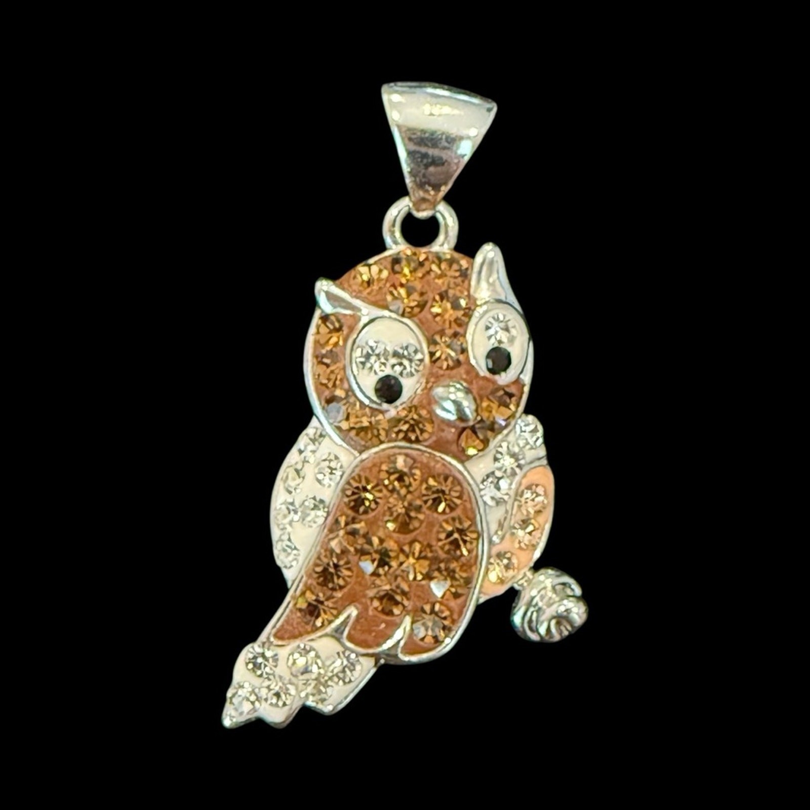 Rhodium Plated Owl Crystal Rhinestone Pendant