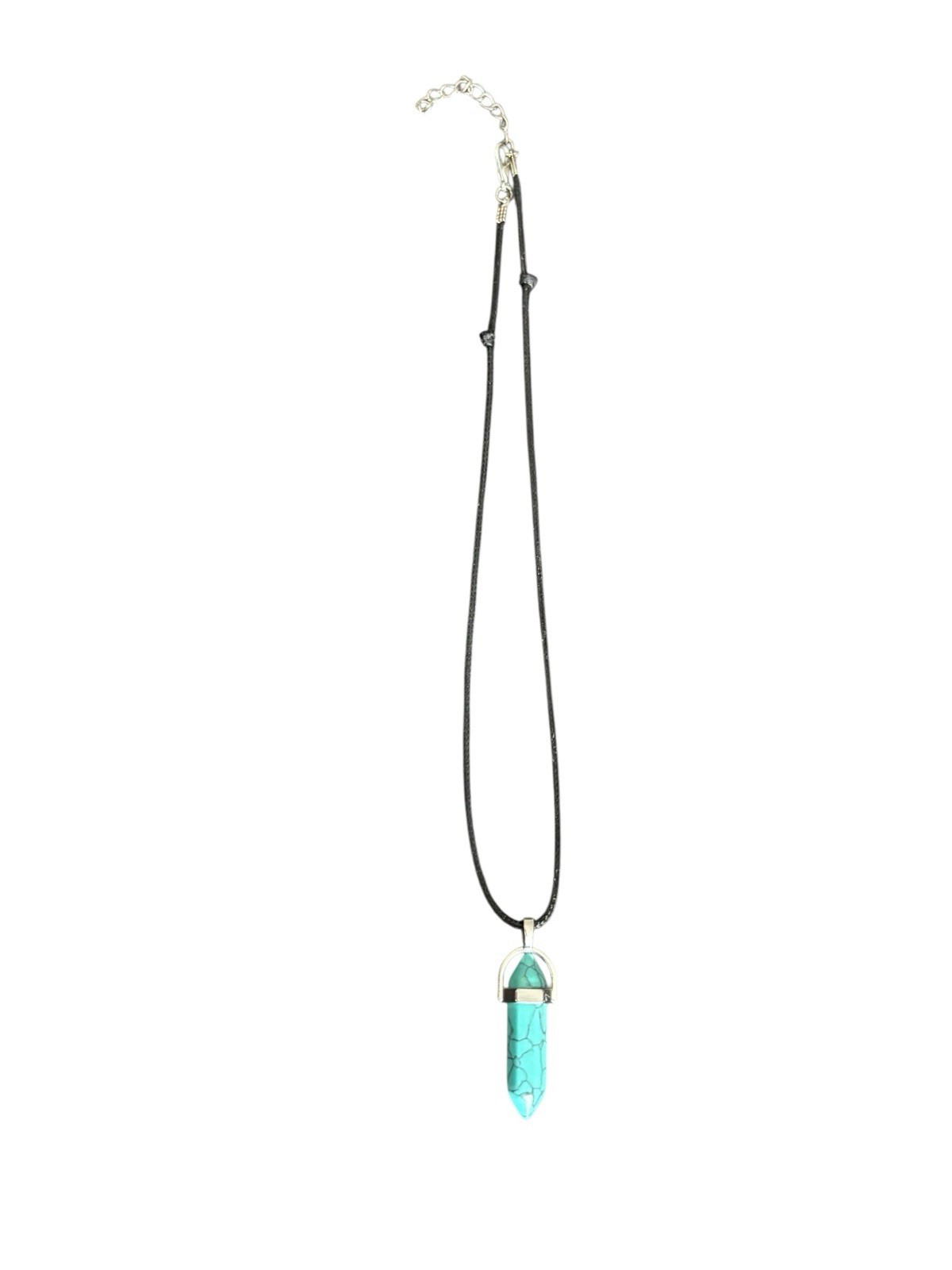 Turquoise Point Pendant Necklace – Faux Leather Cord, Silver-Tone, 18”