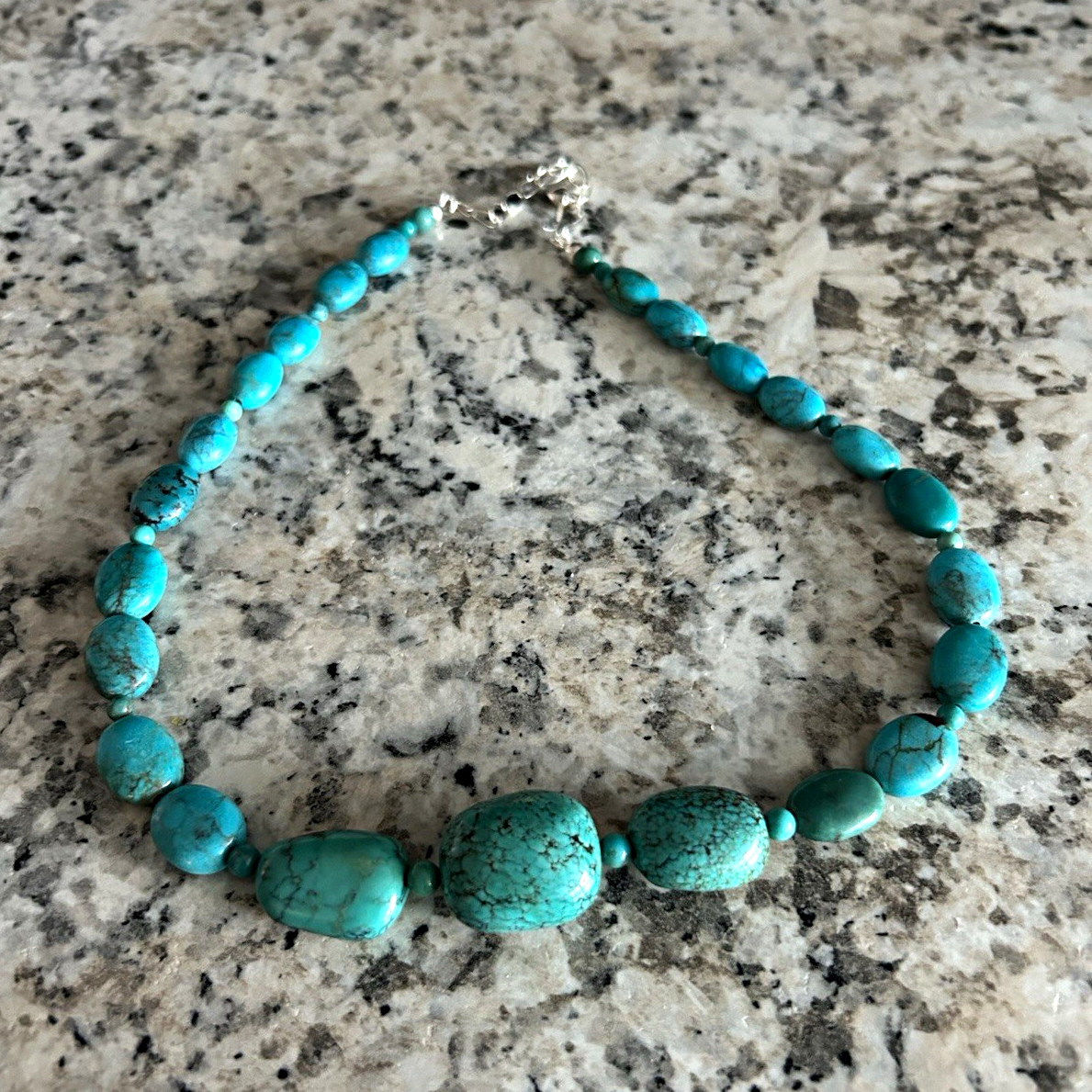 Turquoise Tibetan Stone Beaded Necklace Blue Silver Lobster Clasp Adjustable