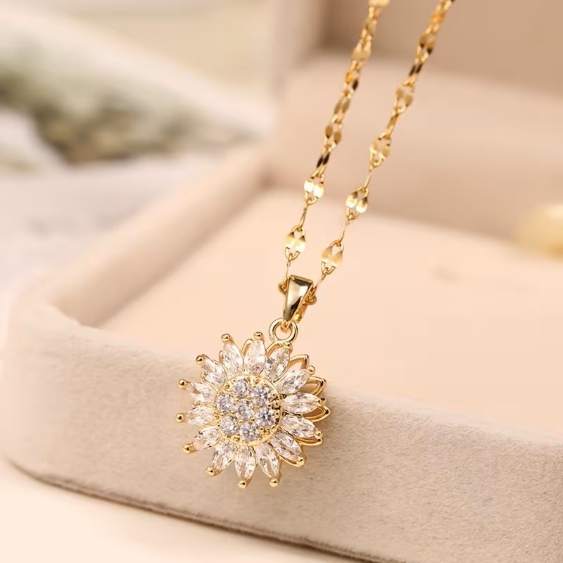 Gold Sunflower Pendant Necklace Rotating Charm Dainty Floral Jewelry Gift