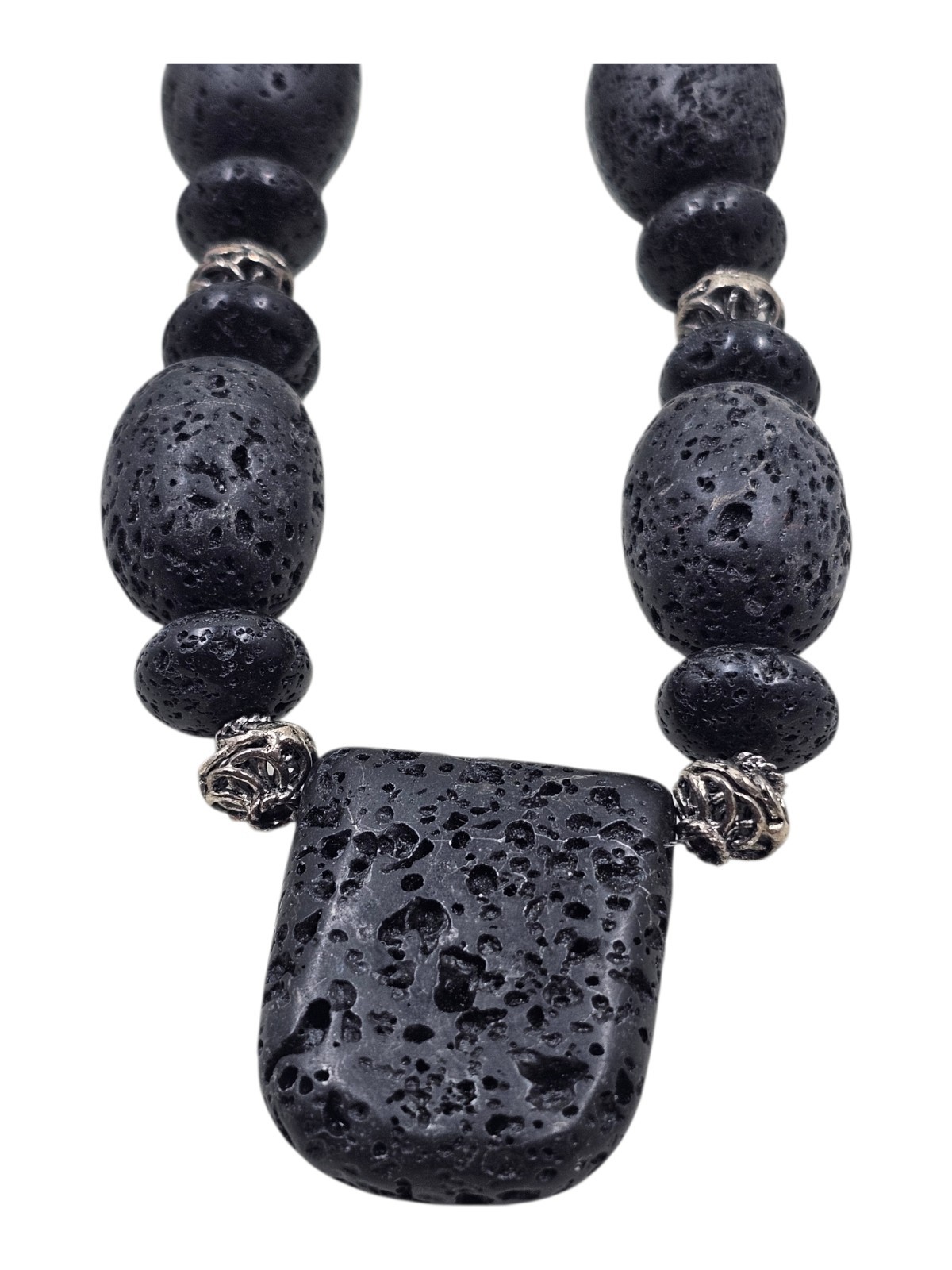 Black Lava Rock Bead Necklace Silver Accent Beads Large Pendant 20″ Statement