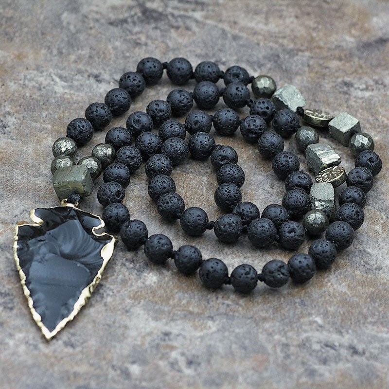 Natural Lava Rock Volcano Stone Beaded Necklace Obsidian Arrow Charm Necklace