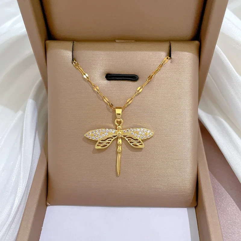 14k yellow gold plated dragon fly necklace pendant simulated diamonds 18” chain