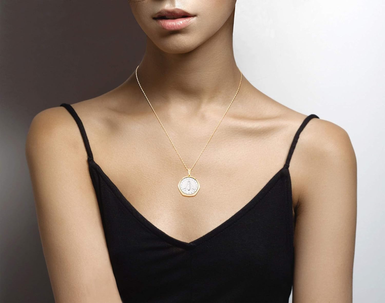 Chic 2-Lira Bee Coin Necklace: 18K Gold Plated Sterling Silver, Casual Elegance