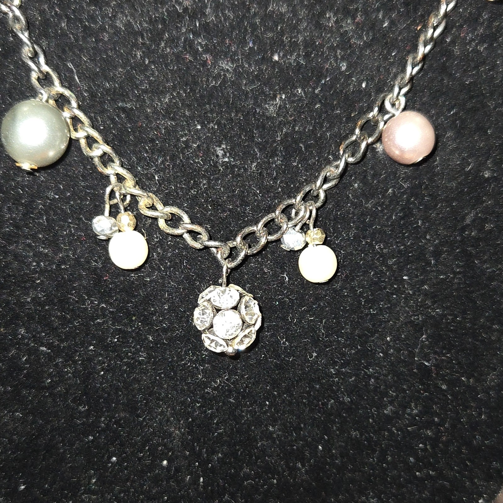 Silver Tone Cable Chain Necklace Faux Pearl Dangles Round Rhinestone Charm