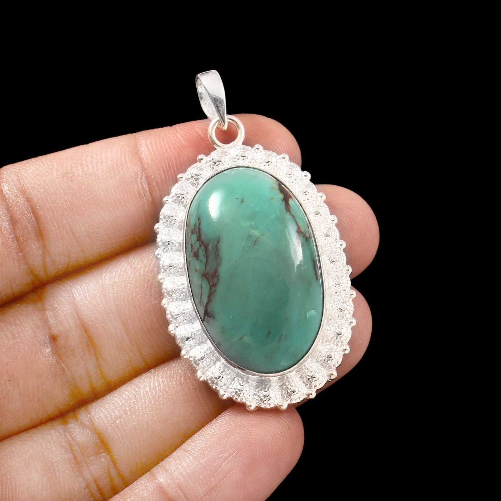 Natural Tibetan Turquoise Gemstone Pendant 925 Sterling Silver Handmade Jewelry