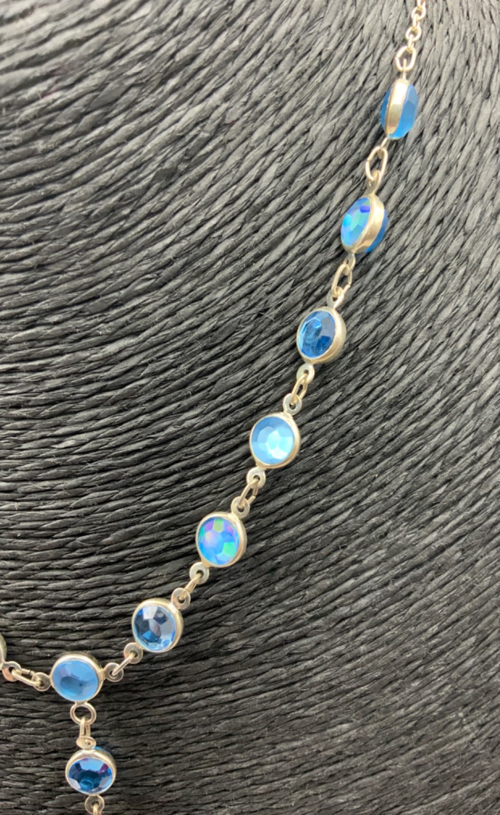 Vintage Blue Bezel Lariat Necklace Silver Tone Metal Glass 18cms