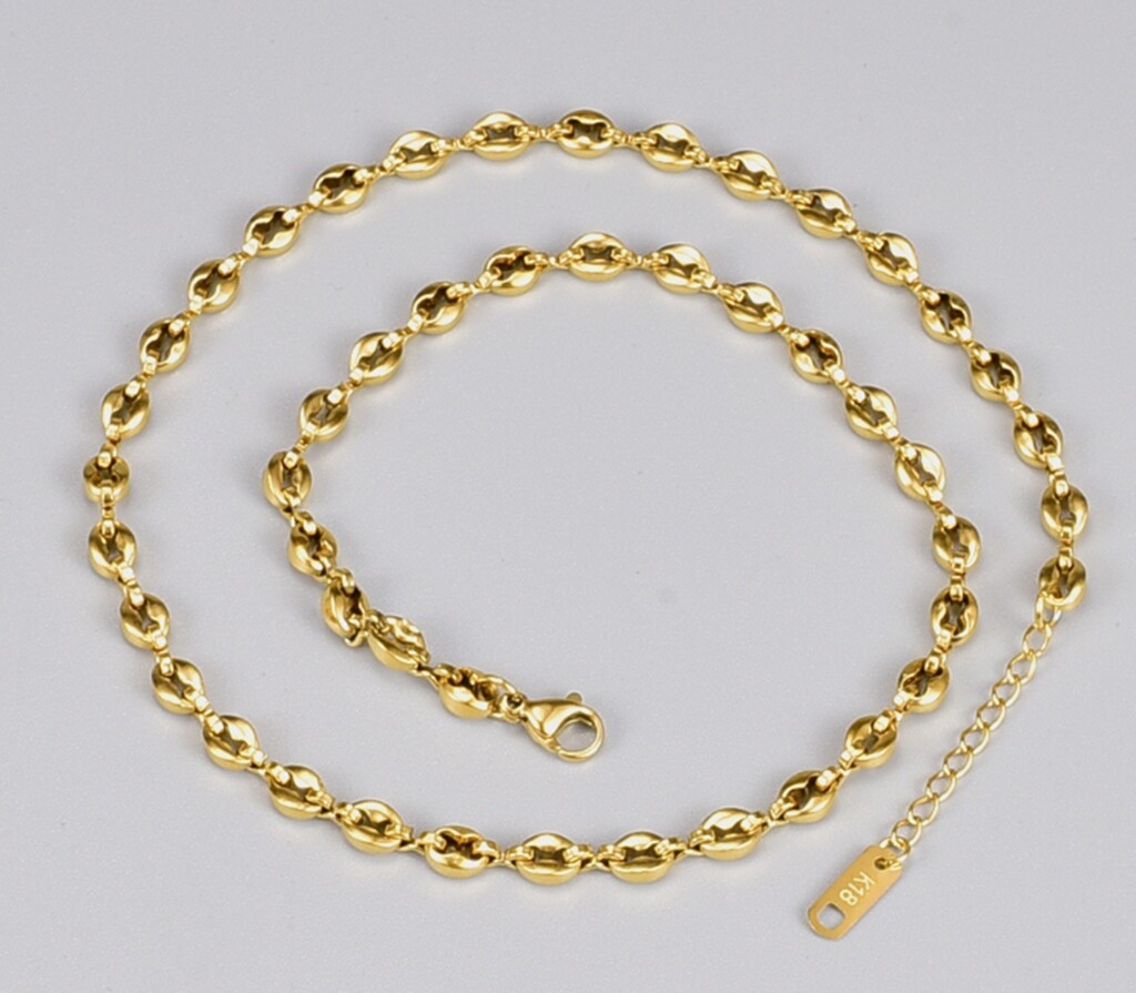 Hip Hop Women Gold Plated Titanium Stainless Steel Coffee Bean Necklace 17-18″