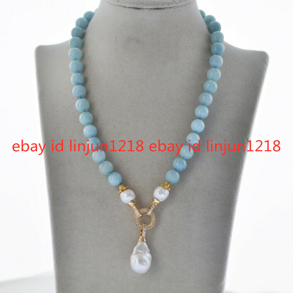 10mm Blue Amazonite White Natural Edison Baroque Pearl Pendant Necklace 18”