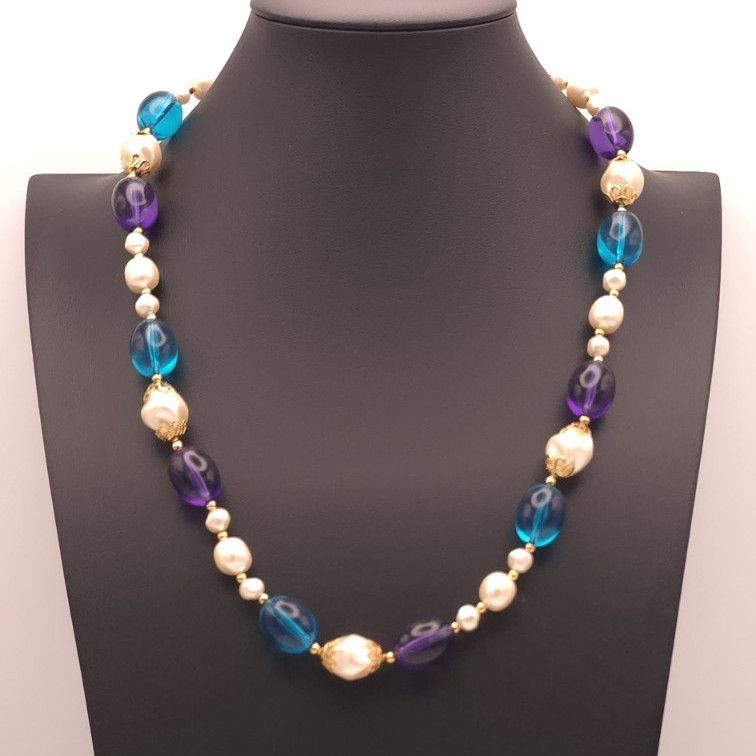 Vintage Trifari Beaded Necklace Baroque Pearl Purple Blue Lucite
