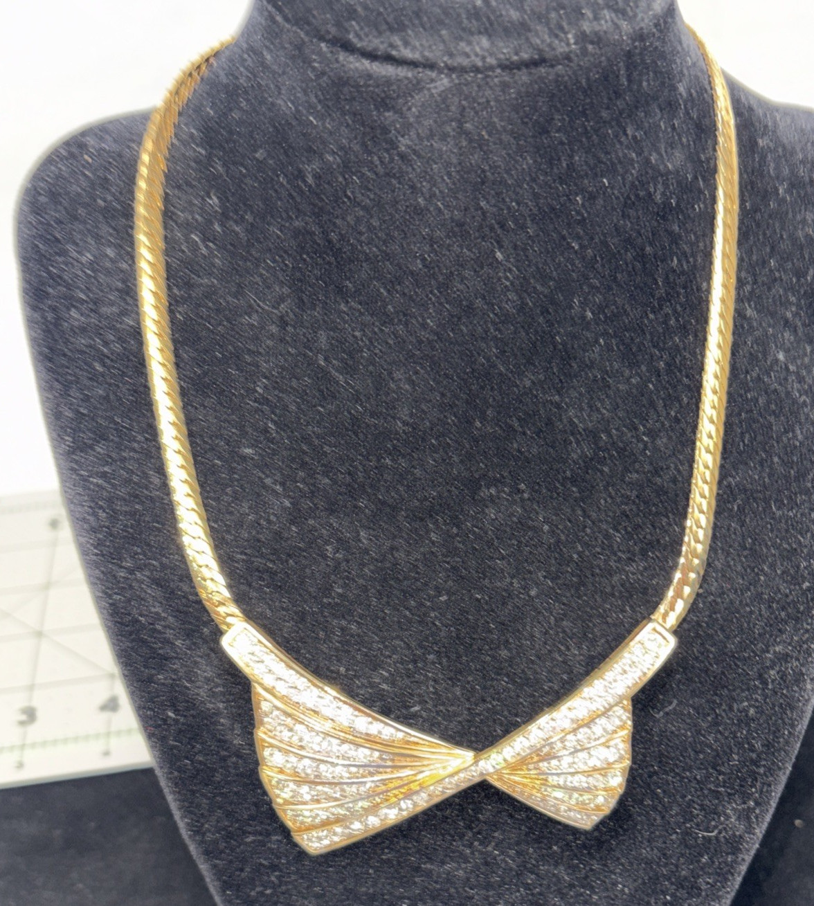 Beautiful Nina Ricci Pave Set Rhinestone Bow Tie Necklace in Goldtone
