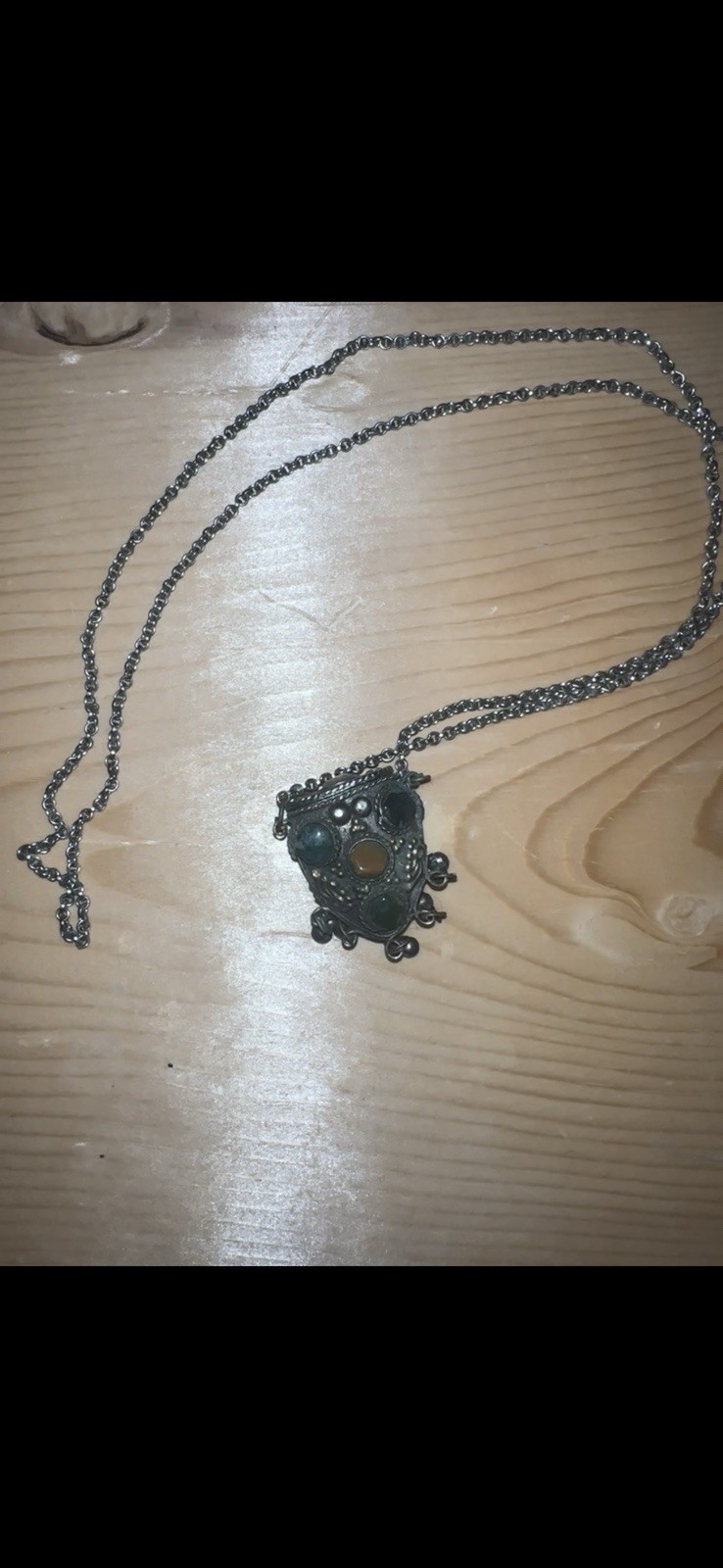 Vintage Silver Tone Gemstone Trinket Box Pendant Necklace Boho Tibetan Style