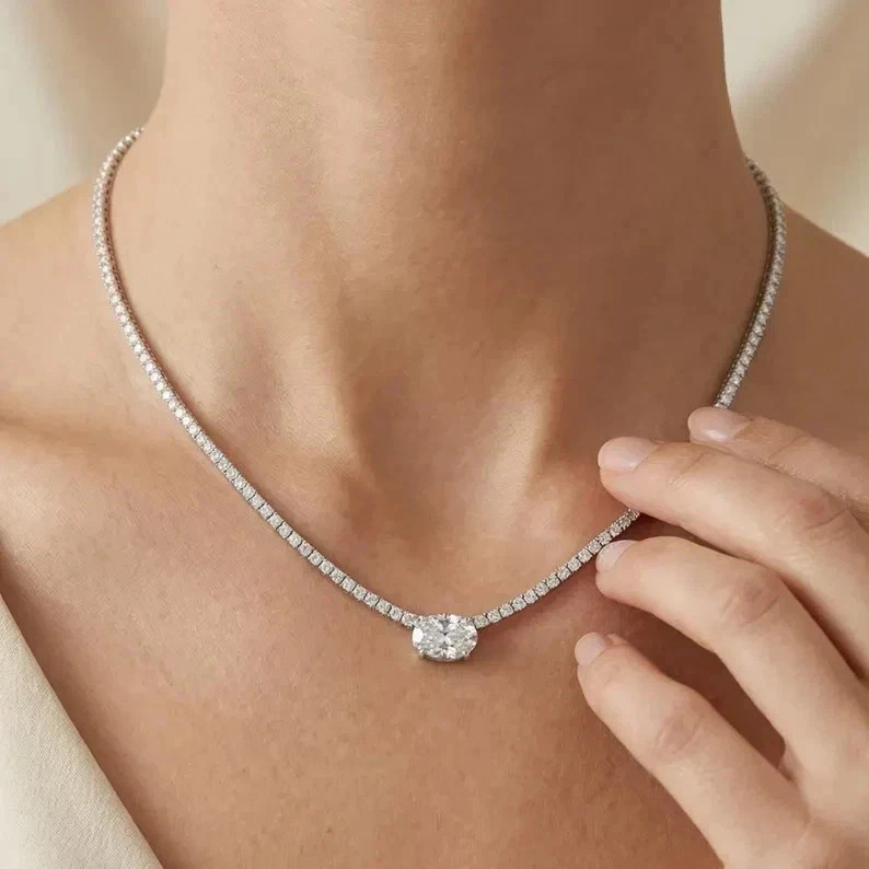 15TCW Oval Cut Lab Created Diamond Tennis Necklace 14k White Gold Plated