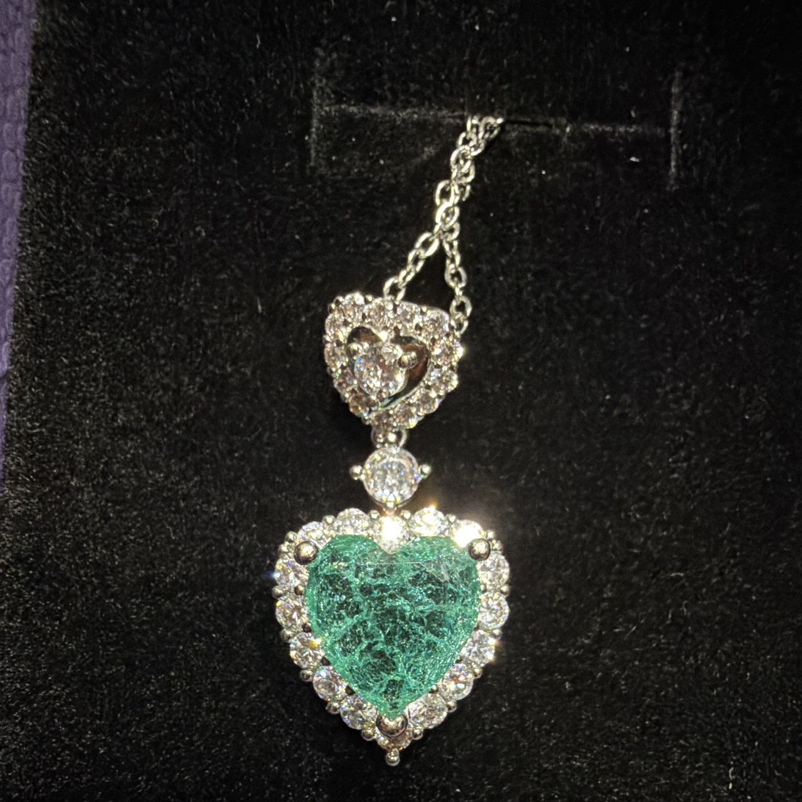 Silver-Tone Heart Charm Pendant Necklace Green topaz / moissanite diamonds
