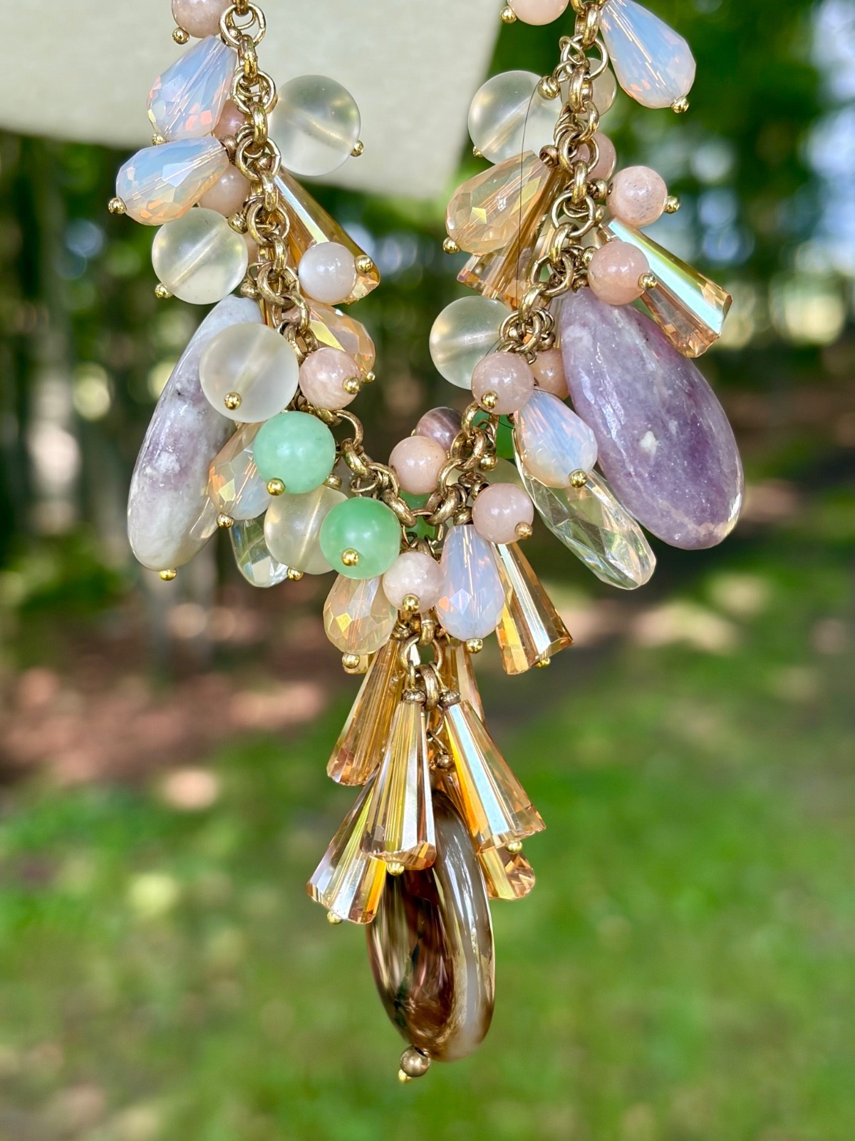 Anthropologie Nakamol Beaded Necklace Crystal Rhinestone Natural Stone Drops