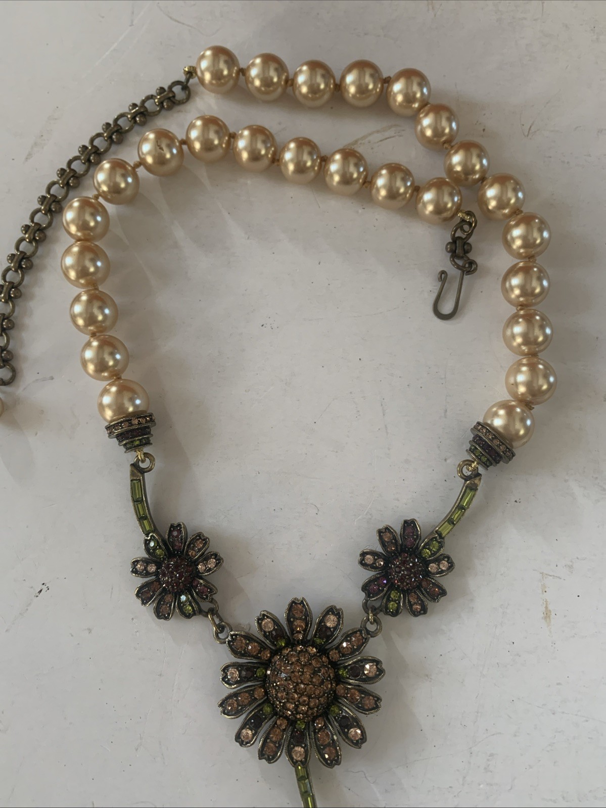 Heidi Daus Necklace Crystal Sunflower Y-Drop Champagne Faux Pearls Excellent
