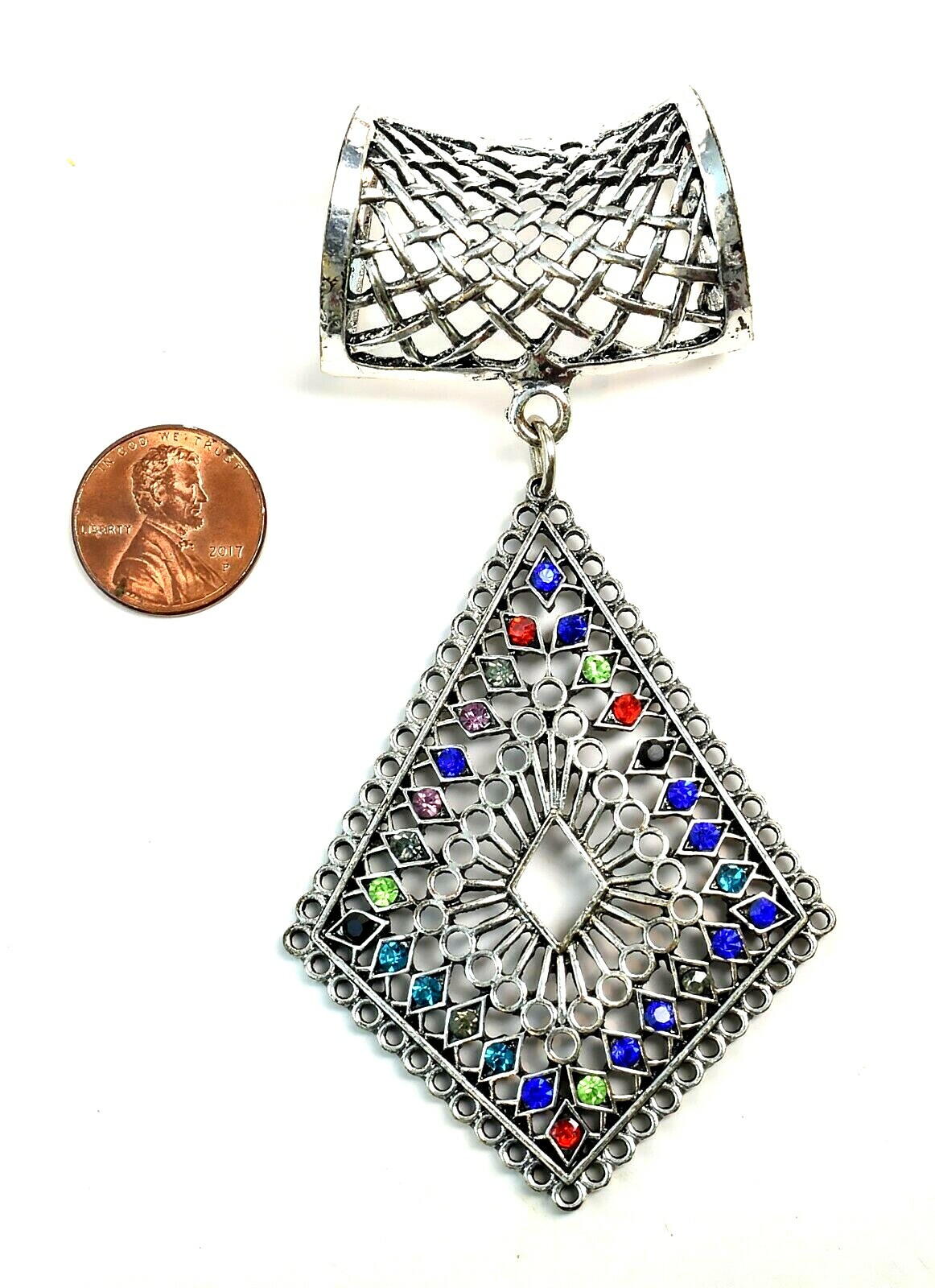 Scarf Jewelry Pendant Silver Multi Color Rhinestones